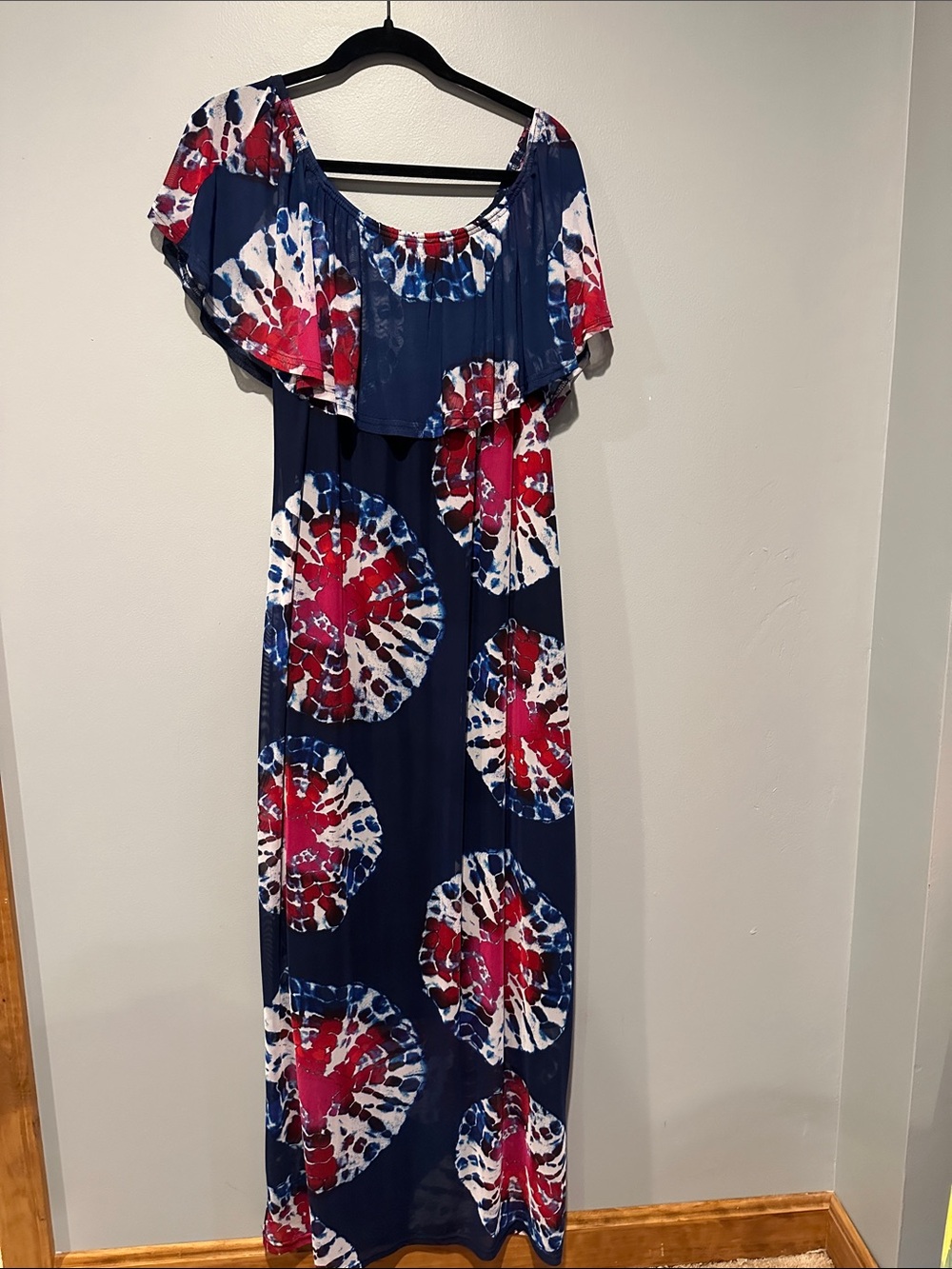 Rouge! Navy Maxi Dress with Red and White Tie-Dye Medallions
